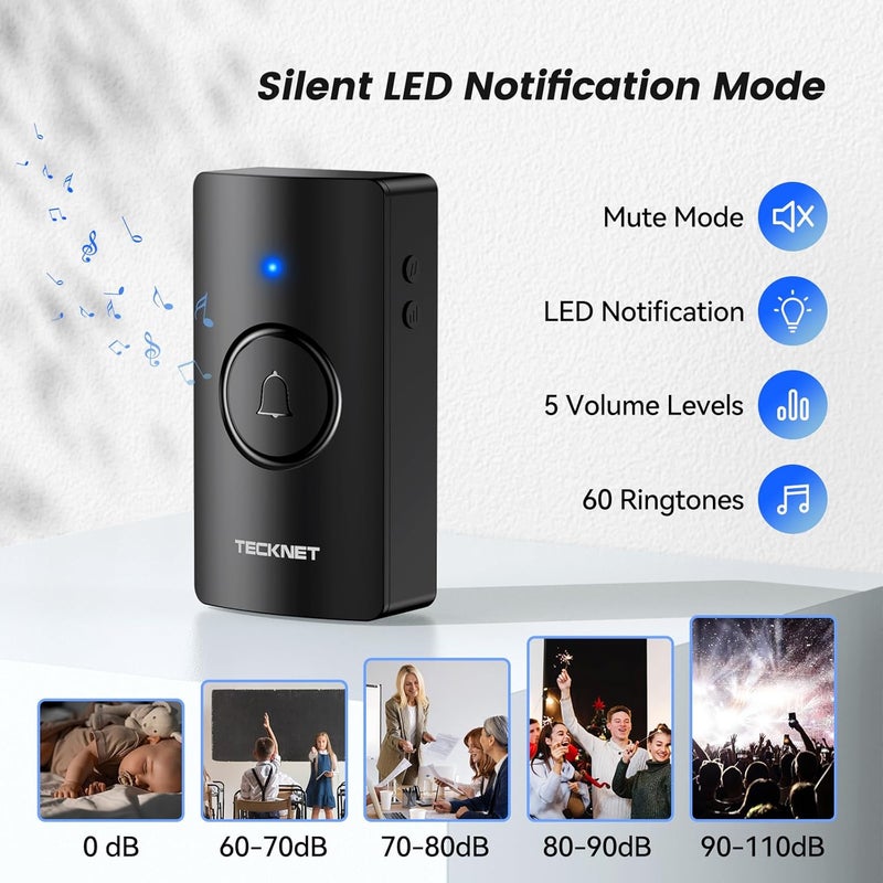 TECKNET Wireless Doorbell 1312FT, IP67 Waterproof Classroom Doorbell Battery-Powered Door Bell, 60 Chimes 5-Level Volume, 4.5-year Battery Life, Electric Doorbells No Plug-in Required for Home - Image 3